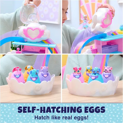 Vista 2 de Hatchimals Alive! Juego de vivero y guardería con 4 mini figuras en huevos autoeclosivos, 13 accesorios, juguetes para niños para niñas y niños a