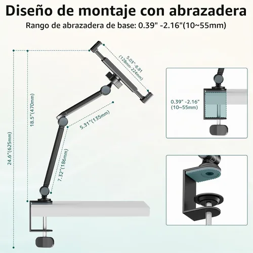 Vista 6 de Soporte para tableta con rotación de 360°, abrazadera de brazo ajustable