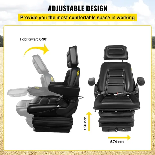 Vista 3 de VEVOR Asiento de suspensión con respaldo ajustable, reposacabezas y reposabrazos, asiento de carretilla elevadora con rieles deslizantes, plegable