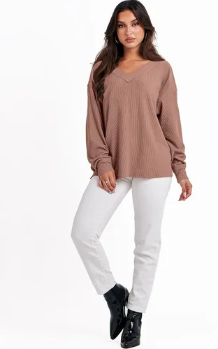 Vista 7 de ANRABESS Camisas de manga larga de gran tamaño para mujer, sudadera con hombros descubiertos, holgada, cuello en V, suéter alto y bajo 2025