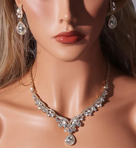 Vista 3 de uqvn Collar y aretes de plata dorada, juego de regalo de joyería para novia, mamá, esposa, abuela, mujer, en boda, fiesta de cumpleaños, juego