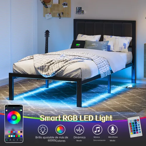 Vista 3 de OLEVS Base de cama individual con cabecero, plataforma de metal, tamaño individual, con estación de carga USB y luces LED, no necesita somier