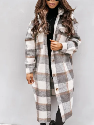 Vista 2 de Yousify Chaqueta larga con solapa a cuadros para mujer cepillada con botones y bolsillos