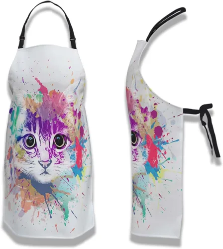 Vista 6 de Delantal de Ama de Casa para Mujeres Gato Colorido Abstracto Divertido Delantales para Hombres para Cocina Cocinar Restaurante BBQ Pintura