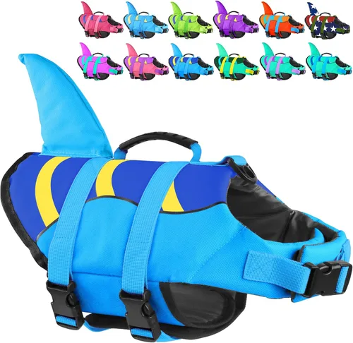 Vista 28 de Chaleco salvavidas para perros de Fragralley Shark, chaleco salvavidas ajustable para perros con aleta de tiburón, adecuado para perros pequeños