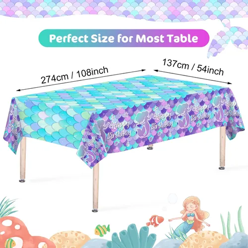 Vista 2 de 1 mantel de sirena – Mantel de sirena de feliz cumpleaños, mantel rectangular de plástico desechable con diseño de sirenas para decoración