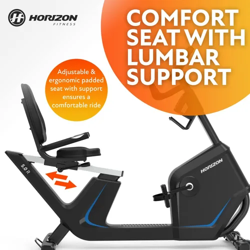 Vista 6 de Bicicleta reclinada Horizon Fitness 5.0R, para fitness y cardio, bicicleta de ciclismo con resistencia magnética y Bluetooth, asiento cómodo