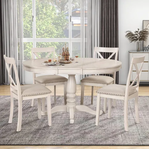 Vista 9 de Harper & Bright Designs Juego de mesa redonda de 5 piezas con estante, mesa de comedor familiar de madera