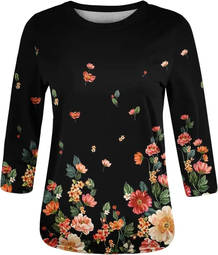 Vista 3 de SERYU Camisas de manga 34 para mujer, cuello redondo, estampado floral, casual, holgada, blusas de moda