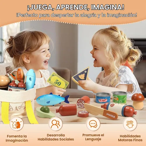 Vista 7 de Pithfor Juego de alimentos de madera para niños pequeños, tienda de comestibles, comida de simulación, compras y juegos, accesorios de cocina