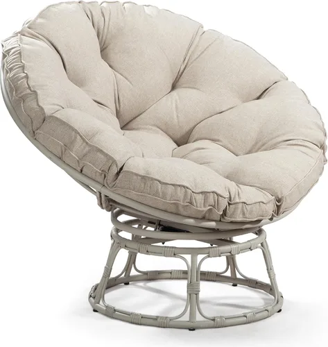 Vista 3 de Papasan - Silla con cojín, base giratoria de 360°, platillo grande, marco gris claro, poliéster beige