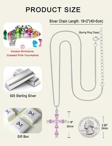 Vista 6 de YL Collar de cruz de plata de ley 925 con colgante de piedra natal religiosa para mujer