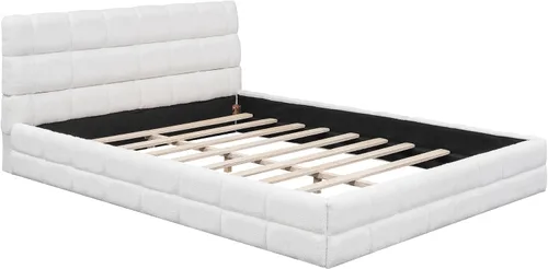 Vista 8 de Moderna cama tapizada de tamaño Queen, forro polar bereber grueso, base de colchón tapizada con cabecera copetuda y soporte de listones de madera