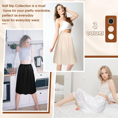 Vista 6 de Zhanmai 3 piezas de medias ranuras para debajo de los vestidos, falda extensores, falda para mujer, medio deslizante, satén, antiestática, encaje
