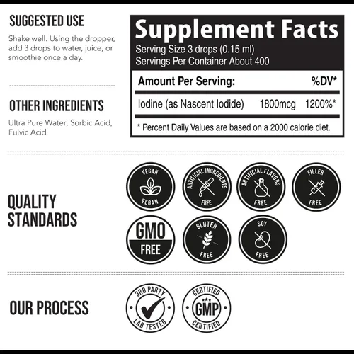 Vista 7 de Suplemento de yodo Nascent 400 porciones, botella de vidrio, vegano, 1800 mcg - 600 mcg por gota - Color puro y transparente - Apoya la salud