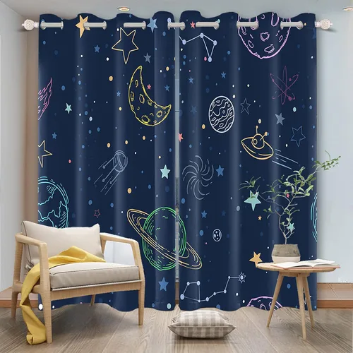 Vista 3 de Cortinas opacas de color azul marino para dormitorio de 84 pulgadas de largo con diseño de universo de dibujos animados, planeta, sala de estar