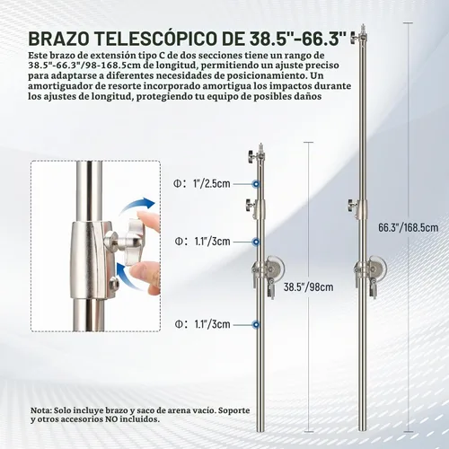 Vista 3 de NEEWER Brazo de brazo de extensión de acero inoxidable resistente, capacidad de carga de 17.6 libras para soporte C y soporte de luz, brazo