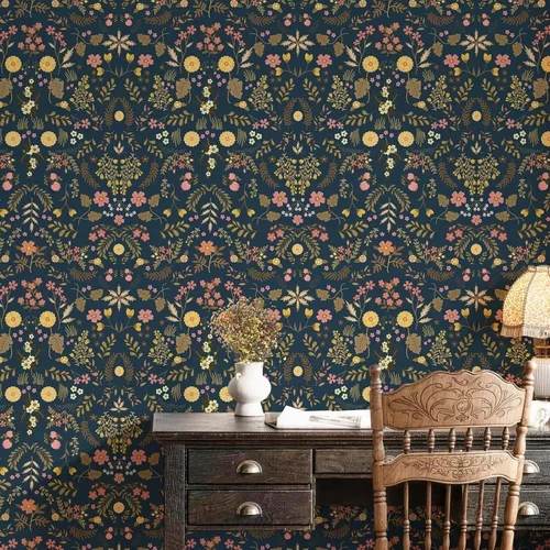 Vista 2 de Simon&Siff Papel Tapiz Floral Despegar y Pegar Azul Marino Bohemio Papel de Pared 60" x 17.3" Azul Oscuro Flores Florecientes Flores Silvestres