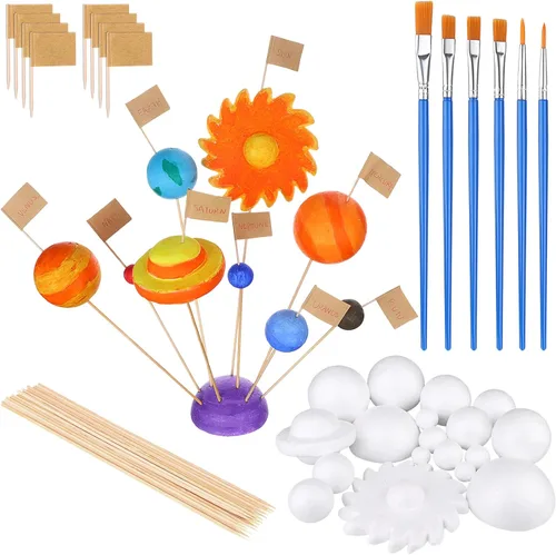 Vista 7 de El kit de 60 bolas de espuma de modelo de sistema solar incluye 18 bolas de esferas de poliestireno de tamaño mixto, 18 palos de bambú largos, 18