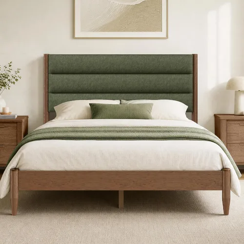 Vista 15 de KISLOT Marco de cama de madera con cabecera tapizada, marrón, tamaño Queen