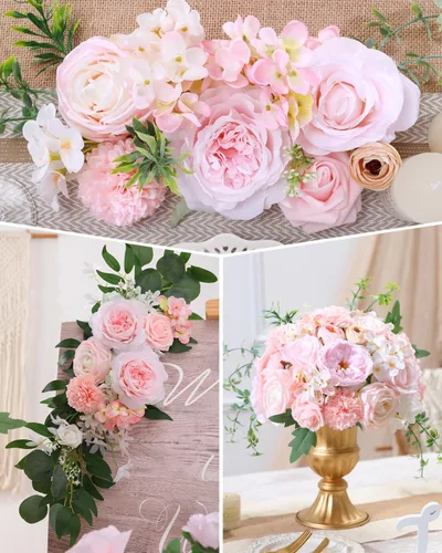 Vista 3 de Senseya - Flores artificiales combo, rosas de seda color rosa pálido, peonías, dalias con tallos para ramos de boda, fiesta de bebé, centros