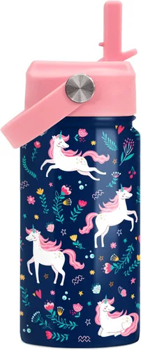 Vista 12 de SANDJEST Botella de Agua para Niños con Tapa de Pajita - 12 Oz Botella de Acero Inoxidable Aislada con Dibujo de Animales para Niños y Niñas - Taza