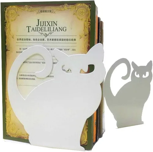 Vista 10 de Winterworm Lindo y encantador gato persa antideslizante de hierro grueso sujetalibros organizador de libros para biblioteca, escuela, oficina, Negro