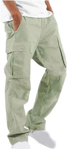Vista 19 de Aymnlox Pantalones cargo para hombre, holgados, grandes y altos, de lino, con cordón, casual, senderismo, atlético, recto, con bolsillo #A01-Negro