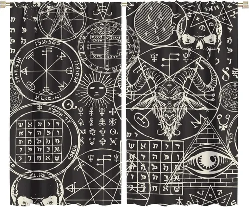 Vista 50 de BAEKJIN Cortinas de cabeza de cabra, diseño de calavera malvada, bruja, símbolo misterioso, bolsillo para barra, cortinas opacas para ventana, juego