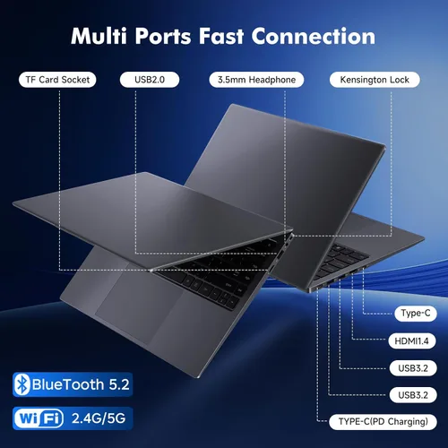 Vista 8 de Computadora portátil 2026, Pentium Gold 6500Y (Beat Celeron, hasta 3.4 GHz), 8 GB de RAM 128 GB SSD, Bluetooth, WiFi, HDMI, USB-C PD, cámara web