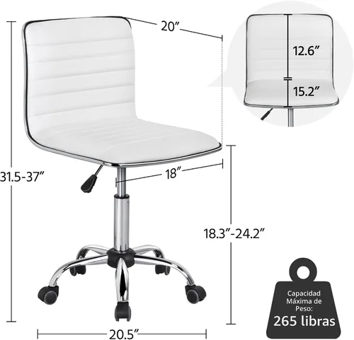 Vista 3 de Yaheetech White Armless Vanity Desk Chair with Wheels, Ribbed PU Leather Blanco