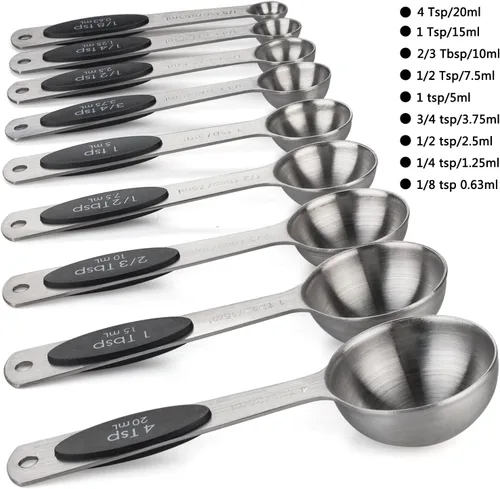 Vista 2 de Juego de 9 cucharas medidoras magnéticas de acero inoxidable Cucharas de anidación resistentes cucharadas para medir ingredientes secos y líquidos