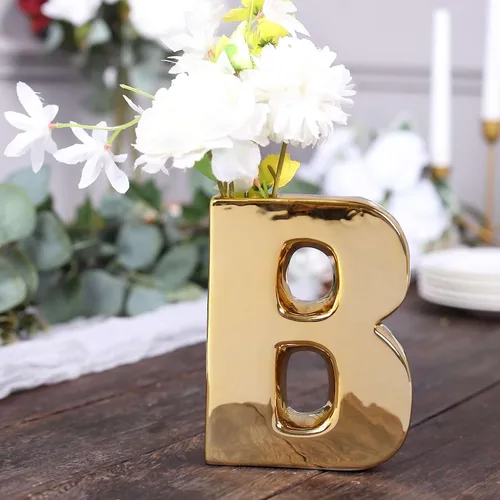 Vista 7 de Efavormart.com Maceta de cerámica chapada en oro brillante de 6" con escultura de letra B, florero para plantas de brotes, pieza central de mesa