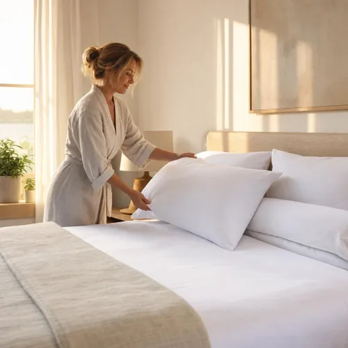 Vista 4 de Pacific Linens Juego de 12 fundas de almohada de percal suave, de lujo, sin arrugas, mezcla de algodón Polly de 200 hilos, ropa de cama de grado