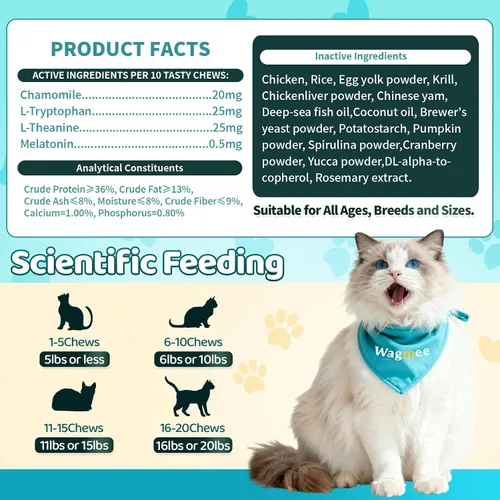 Vista 7 de Wagmee Golosinas calmantes para gatos, 500 masticables crujientes y cremosos para gatos con melatonina, manzanilla para aliviar el estrés