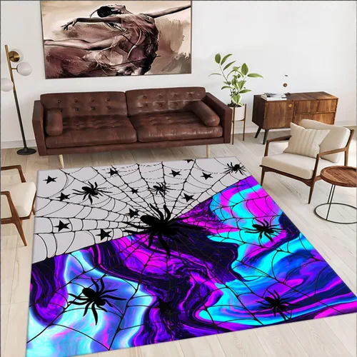 Vista 2 de Alfombra de araña negra, 3 x 4 pies, alfombra impresa en 3D de telaraña de terror, alfombra para dormitorio de niños, habitación de niños, sala