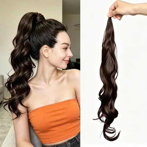 Vista 11 de Chicmoi Extensión de Cola de Caballo Negra de 32 Pulgadas Flexible, Envolvente, Extensiones de Cabello Ondulado Largo para Mujeres y Niñas, Cabello