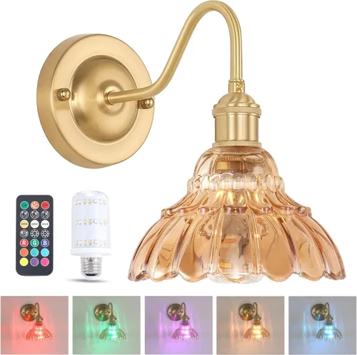 Vista 14 de Shenmoyl - Aplique de pared que funciona con pilas, lámparas de pared vintage recargables con pantalla de vidrio de lirio verde, lámpara de pared