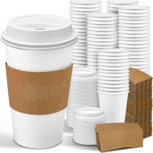 Vista 8 de Ginkgo Paquete de 100 Tazas de Café de Papel Engrosado de 8 oz con Tapas y Fundas Blancas, Tazas de Café Desechables para Llevar para Café Espresso