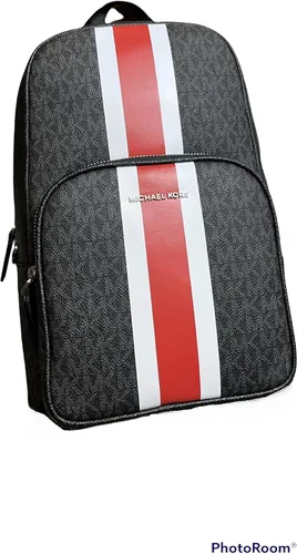 Vista 3 de Michael Kors Mochila de lona recubierta para viajeros negro rojo a rayas Black Red Stripe Mochilas Sling