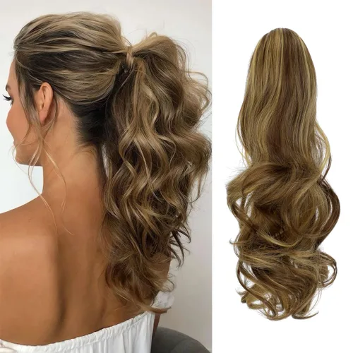Vista 29 de Felendy Extensión de cola de caballo de 18 pulgadas, mezcla de rubio ceniza, marrón oscuro, rizado, ondulado, con clip, extensiones de cabello largo