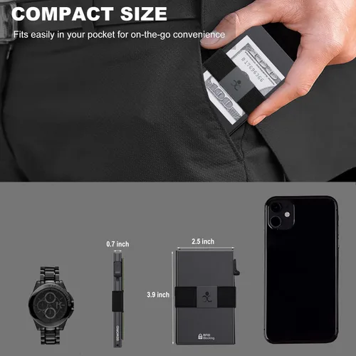 Vista 24 de Cartera delgada de aluminio para hombre, placa trasera expandible duradera, bloqueo RFID, billetera desplegable de metal minimalista, con capacidad