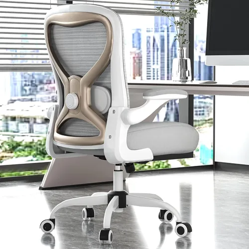 Vista 10 de Silla de escritorio de oficina con soporte lumbar ergonómico, cojín de asiento extra grueso, brazos abatibles, respaldo de malla transpirable, silla