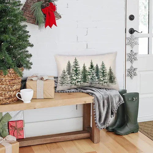 Vista 5 de Fundas de almohada de árboles de Navidad de 12 x 20 pulgadas, funda de almohada lumbar verde para decoración de Navidad, acuarela, funda de almohada