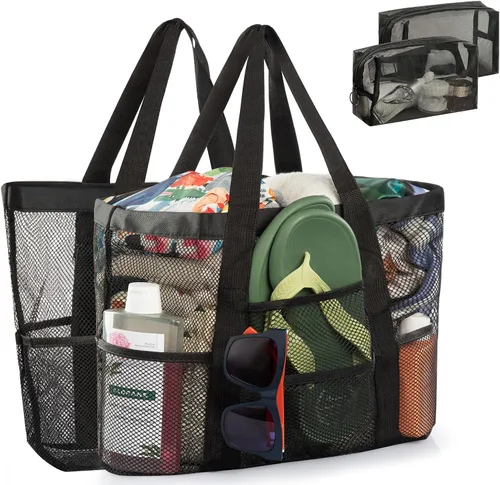 Vista 4 de Bolsa de playa de malla, bolsa de playa para mujer, impermeable, a prueba de arena, con bolsa de maquillaje de malla, artículos esenciales