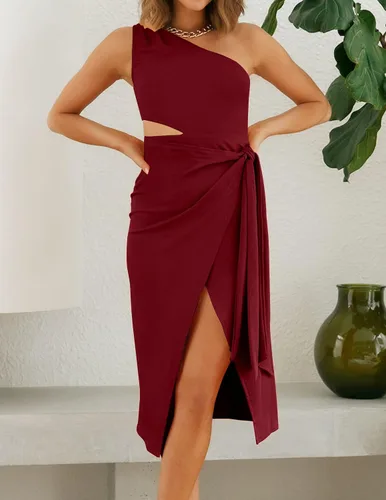 Vista 2 de ZESICA Vestido de verano sexy de un hombro para mujer, sin mangas, con lazo en la cintura, con abertura, para cóctel, fiesta