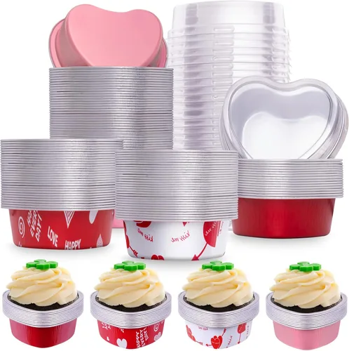 Vista 8 de yeload 60 moldes para pasteles en forma de corazón con tapas, mini moldes de aluminio, 3.4 onzas/3.4 fl oz de papel de aluminio desechable, molde