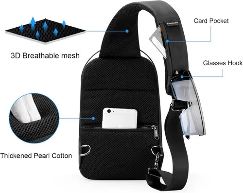 Vista 5 de FENRUIEN Bolsa rígida para hombre, mochila cruzada resistente al agua con puerto USB, bolsa de pecho negra para viajesuso diario, Negro -, Mochilas
