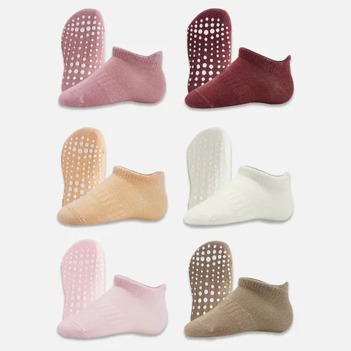 Vista 5 de Calcetines tobilleros antideslizantes para bebés, 6 pares, suela antideslizante, calcetines de algodón sin costuras para niños y niñas