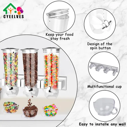 Vista 5 de Dispensador de alimentos montado en la pared, dispensador de cereales con taza, dispensador de alimentos secos montado en la pared, dispensador